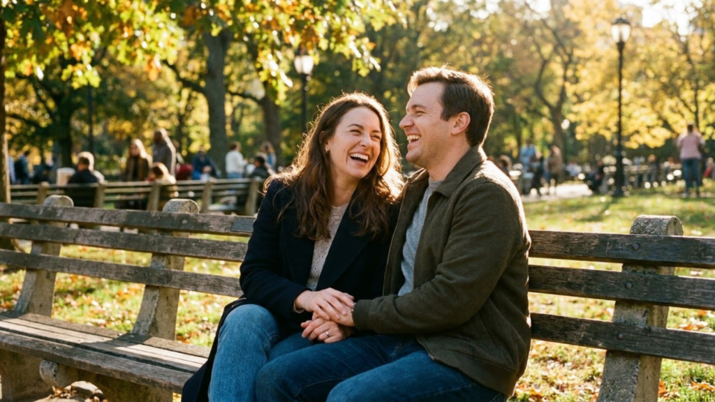 Couple laughing on a park bench, qualities of a healthy relationship