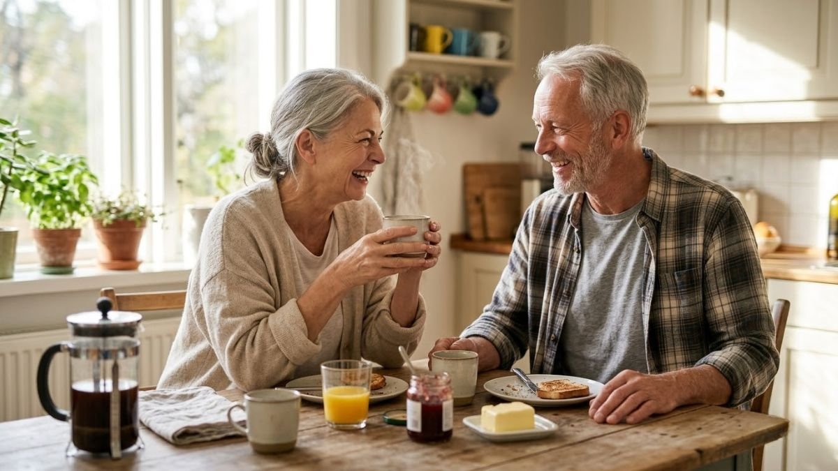 Couple laughing together over breakfast at a sunlit kitchen table