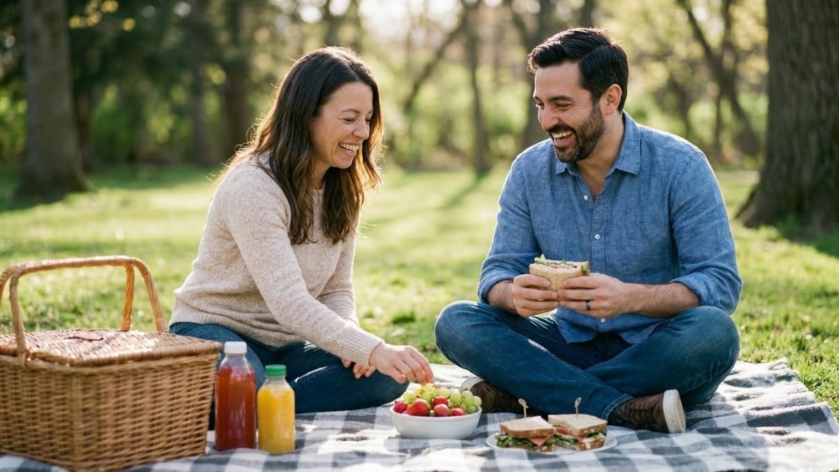 Couple sharing a picnic on a blanket in a park