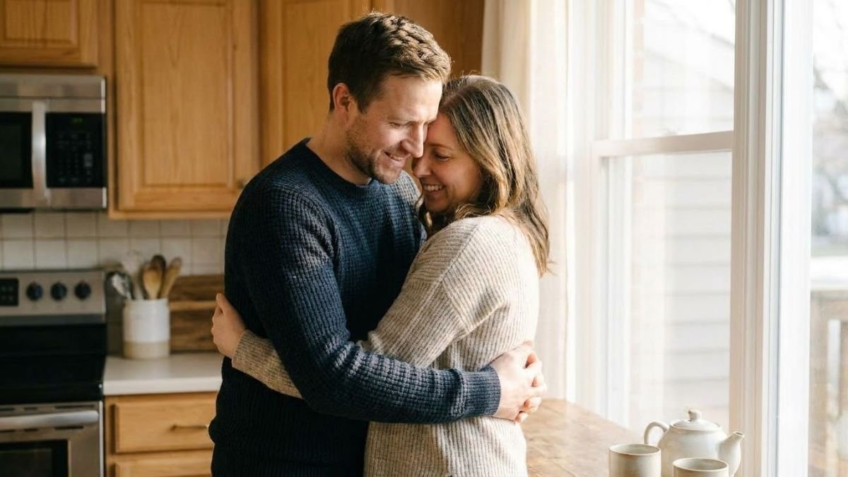 Couple sharing a warm hug in a bright kitchen