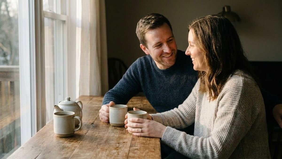 Couple talking over coffee at a kitchen table, relationship rules