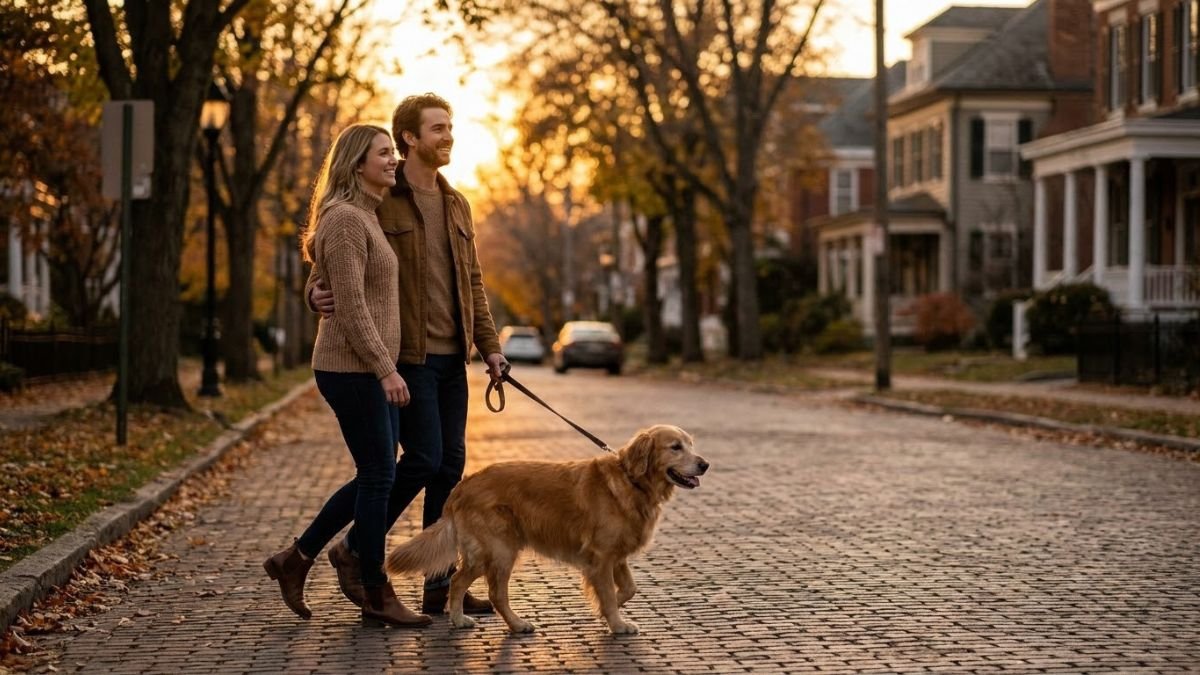 Couple walking a dog along a quiet street at sunset
