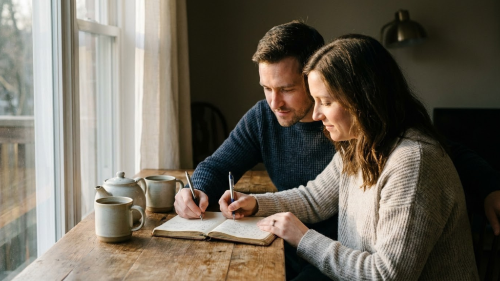 Couple writing shared agreements at a table, relationship rules