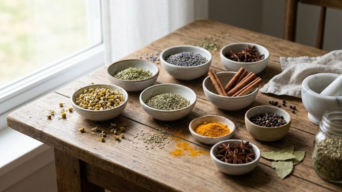 Dried herbs and spices in small ceramic bowls