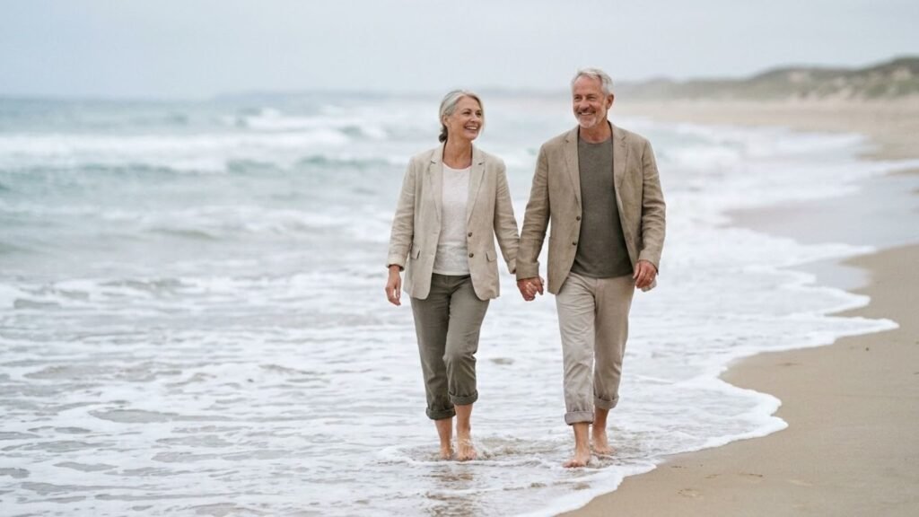 Mature couple walking hand in hand at golden hour, what makes a relationship last