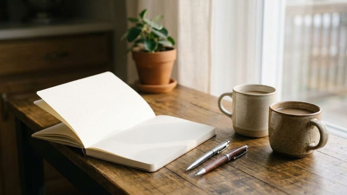 Notebook and two pens on a table beside two mugs