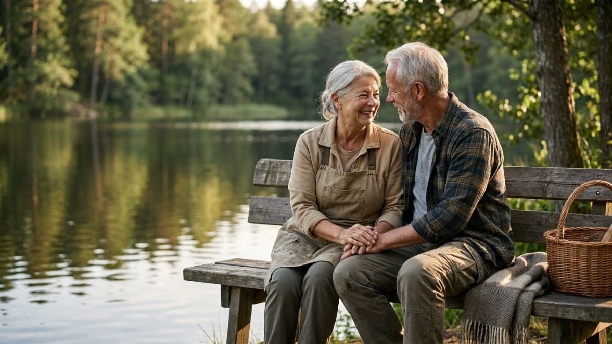 Older couple sitting together on a bench beside a lake