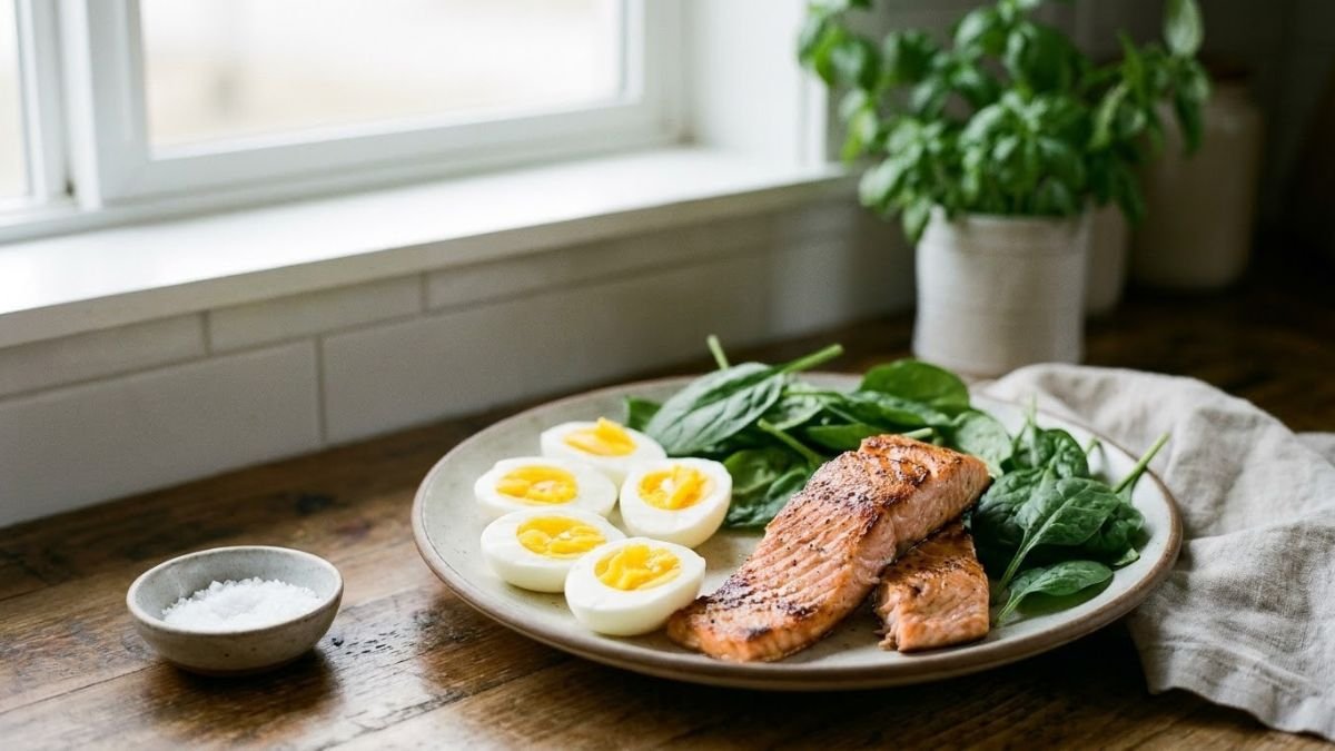 Plate of eggs, grilled salmon and baby spinach on a table