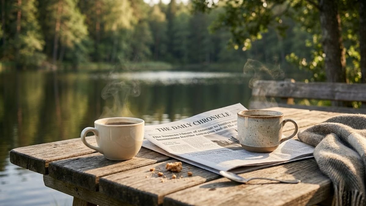 Two coffee cups and a shared newspaper on a breakfast table
