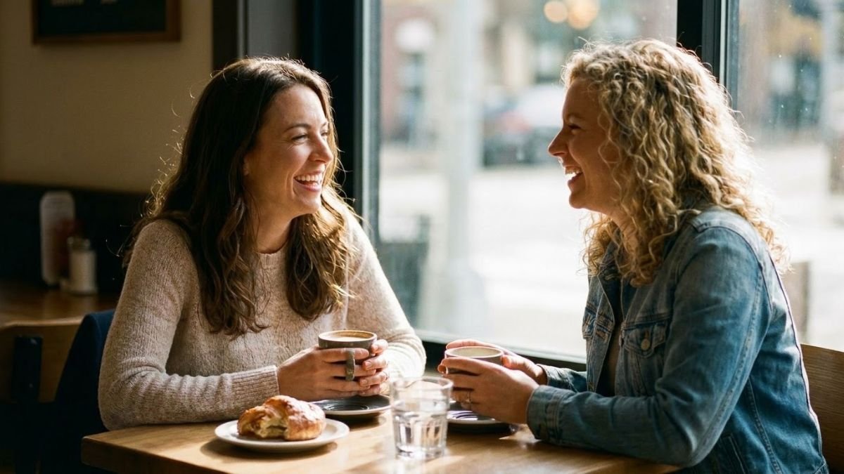 Two friends laughing together over coffee at a sunny cafe table