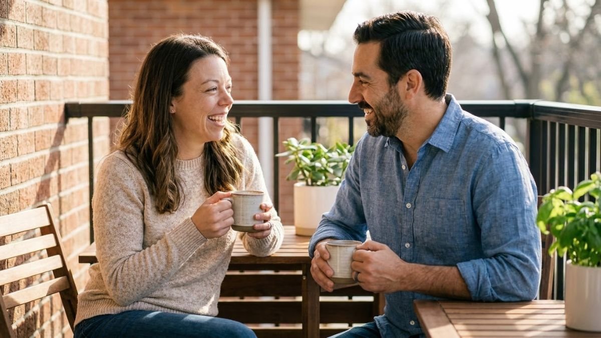 Two people talking over coffee on a sunny balcony