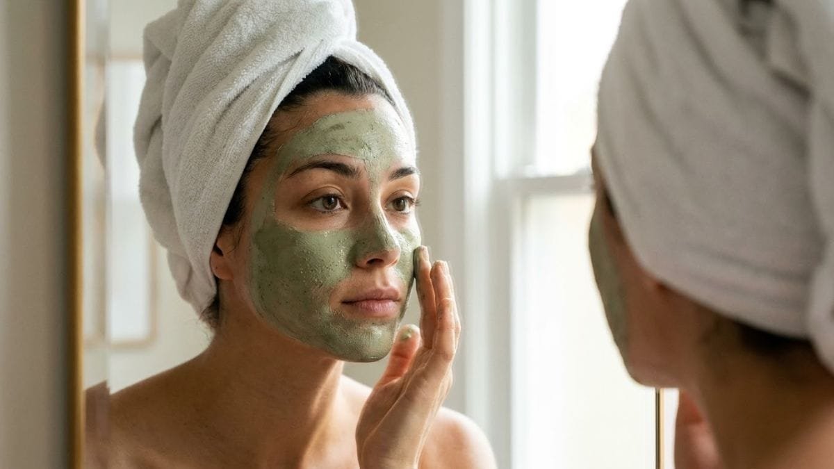 Woman applying a thin face pack with a towel on her hair, ayurvedic skin care