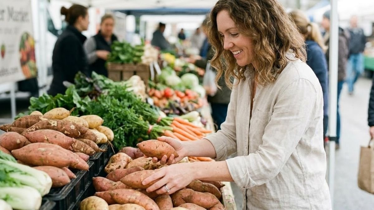 Woman choosing sweet potatoes at an outdoor farmers market stall