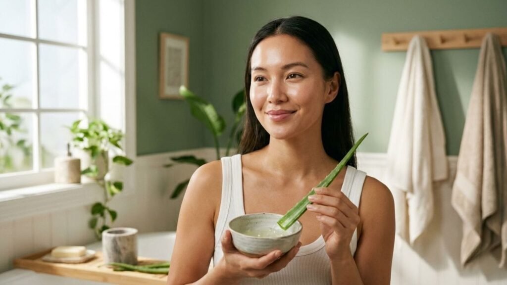 Woman holding a bowl of aloe gel, ayurvedic skin care