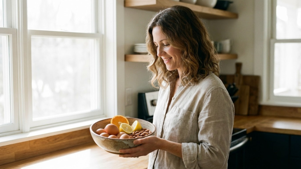 Woman holding a bowl of eggs, citrus and almonds, vitamins for hair skin and nails