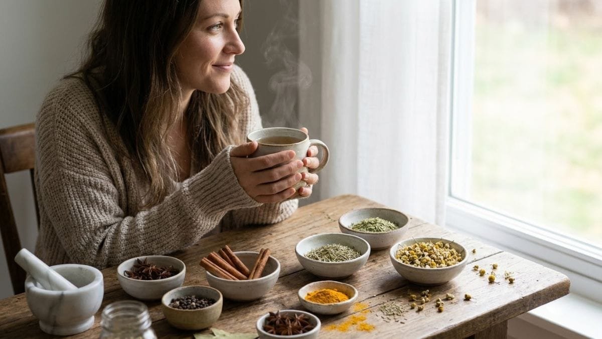 Woman holding a cup of warm herbal tea beside a window