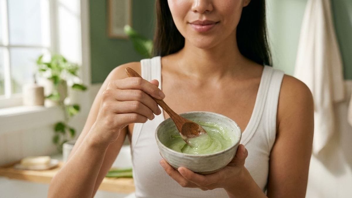 Woman mixing a mild aloe face pack in a ceramic bowl, ayurvedic skin care