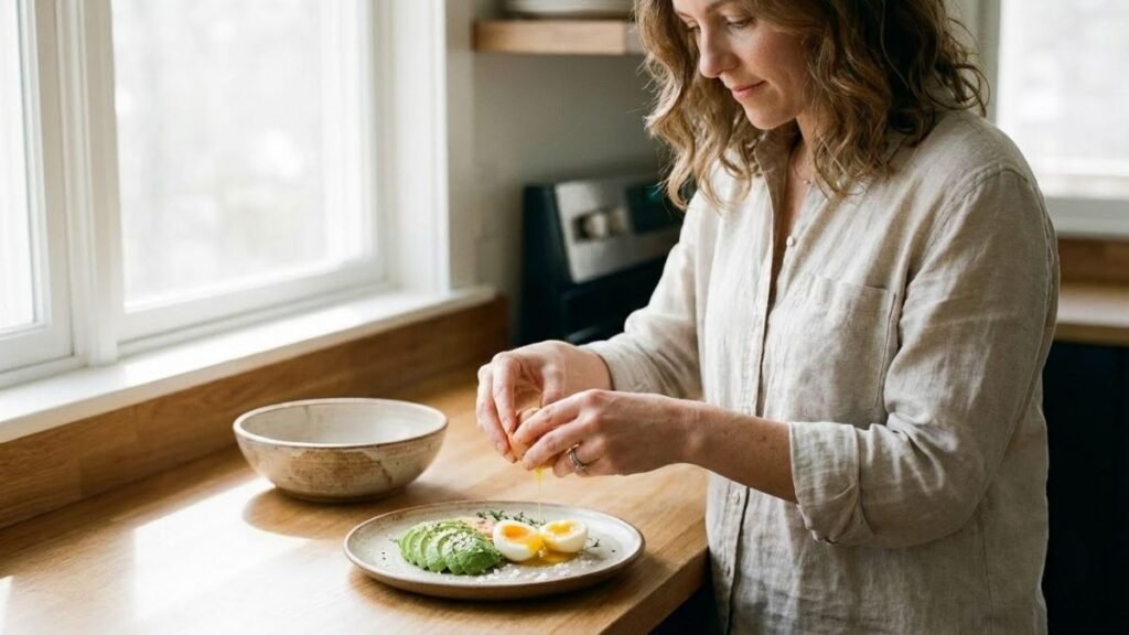 Woman preparing a breakfast plate with eggs and avocado, vitamins for hair skin and nails