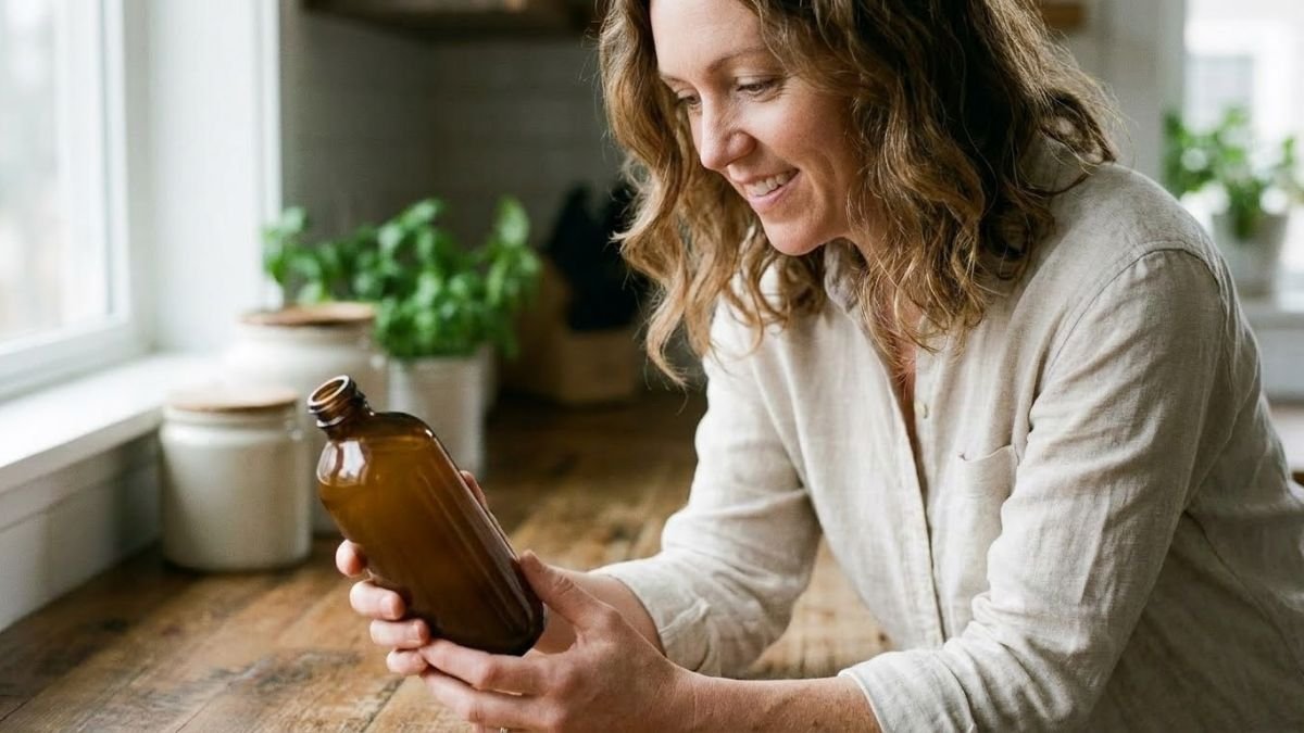 Woman reading the back of a plain supplement bottle, vitamins for hair skin and nails