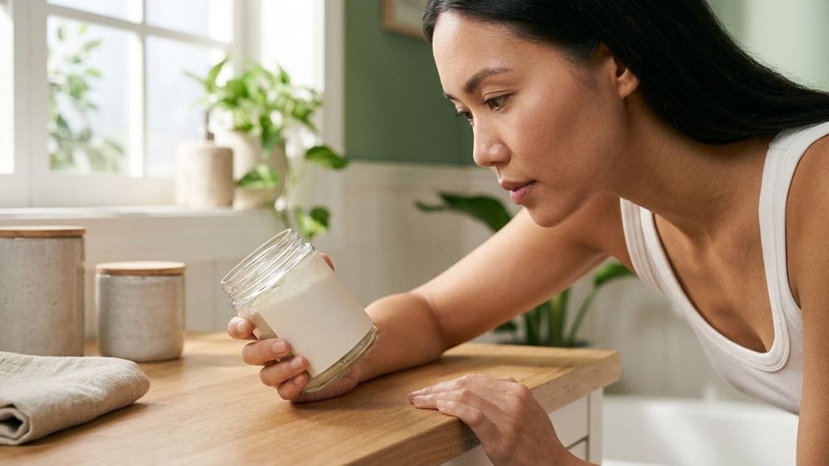 Woman reading the ingredient list on a skincare jar