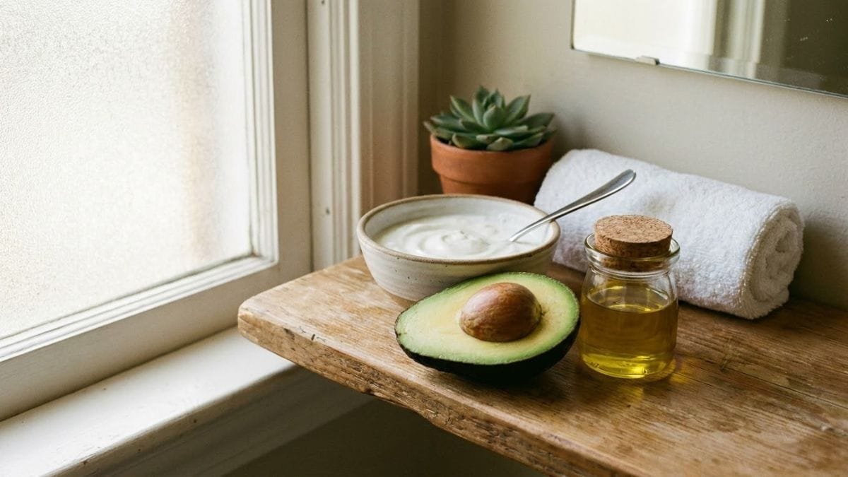 Avocado, plain yogurt and a small jar of oil on a shelf