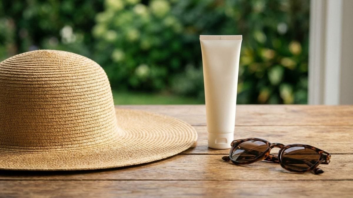 Sun hat, sunscreen tube and sunglasses on a wooden table