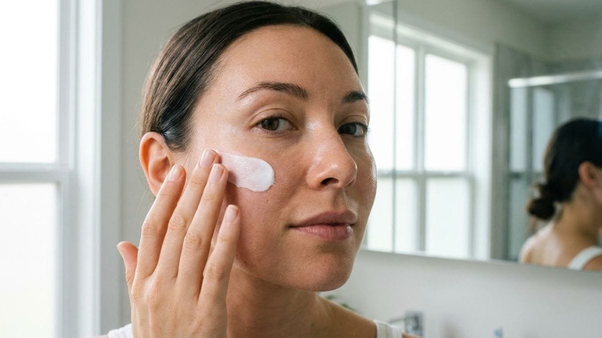 Woman applying sunscreen to her face in the morning