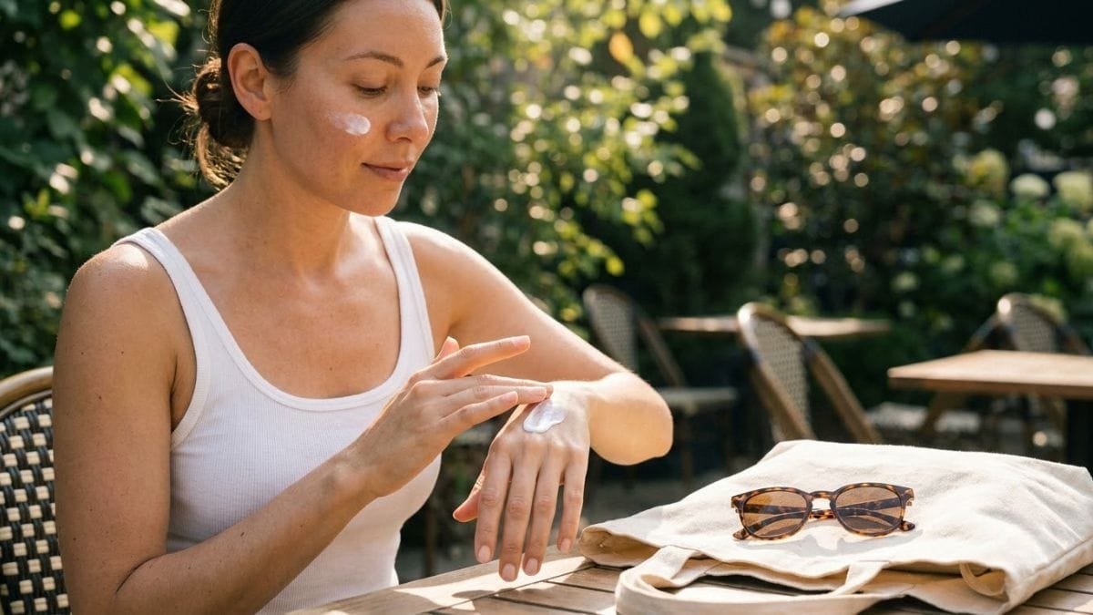 Woman applying sunscreen to the back of her hand, how to remove sun tan