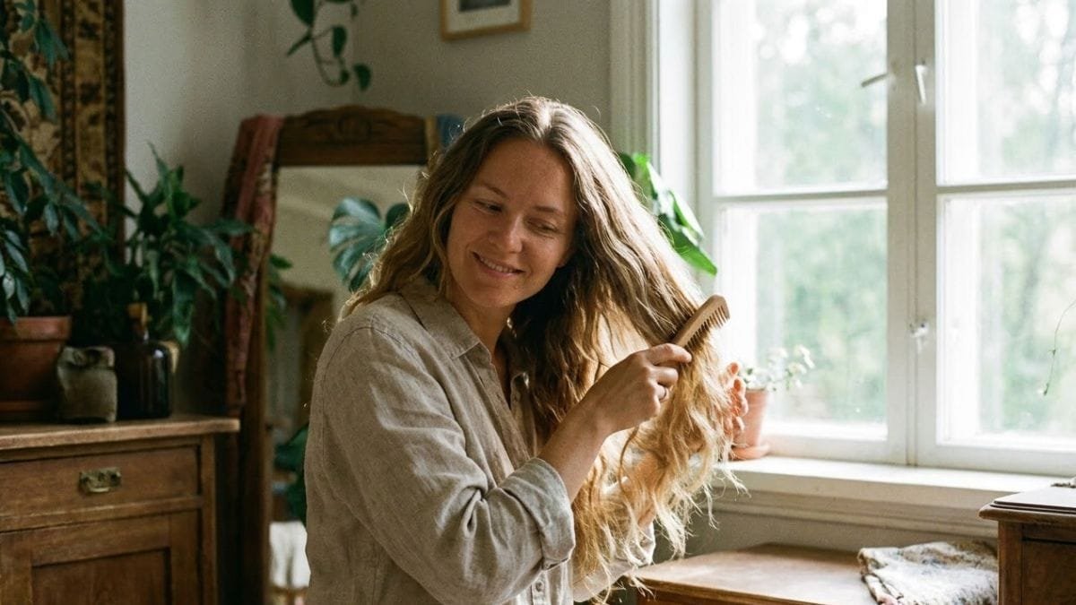 Woman combing her long wavy hair beside a bright window