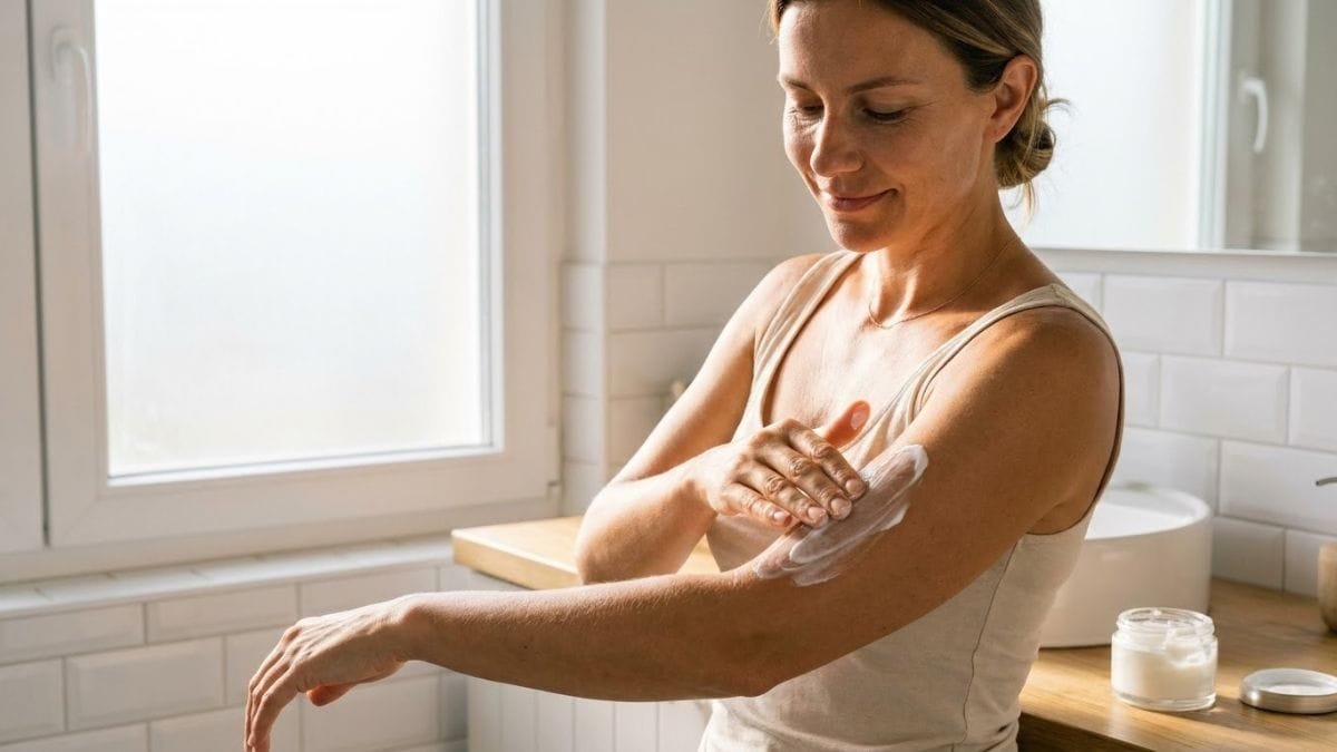 Woman moisturizing her tanned forearm after sun exposure, how to remove sun tan