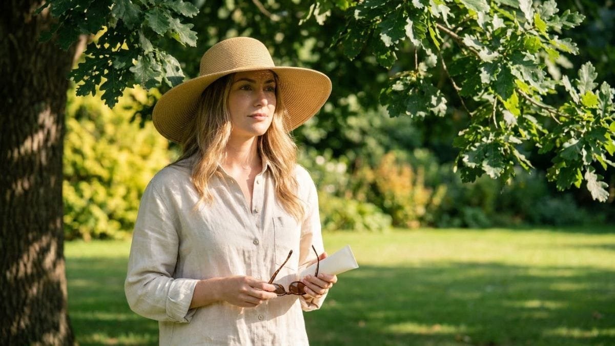 Woman standing in tree shade wearing a light long-sleeve shirt