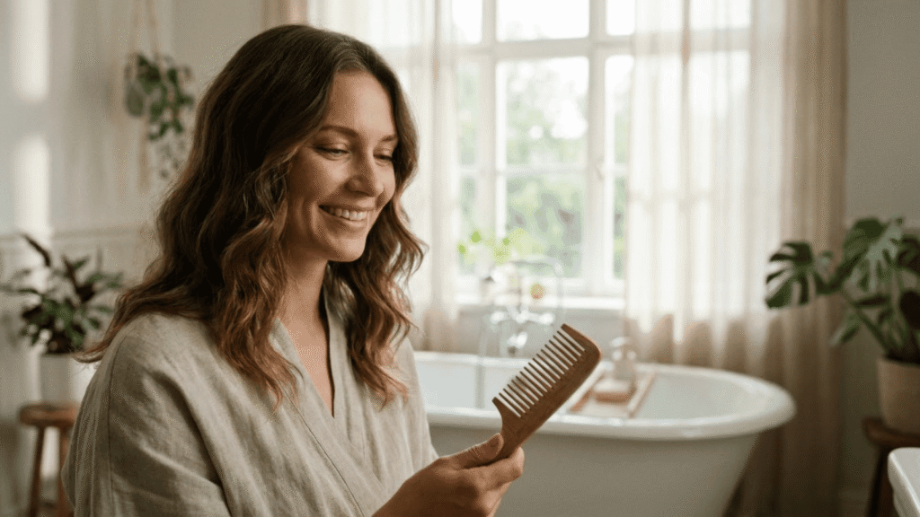 Woman with soft wavy hair holding a wooden comb, home remedies for dry hair