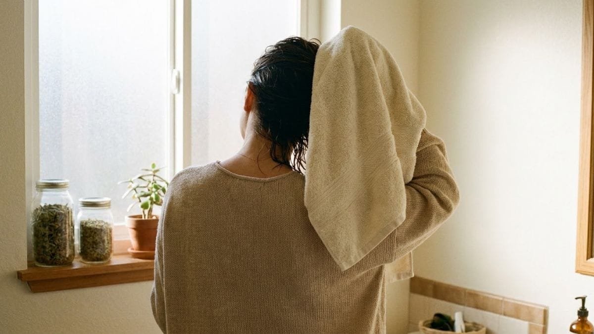 Woman wrapping her hair in a soft towel, home remedies for dry hair