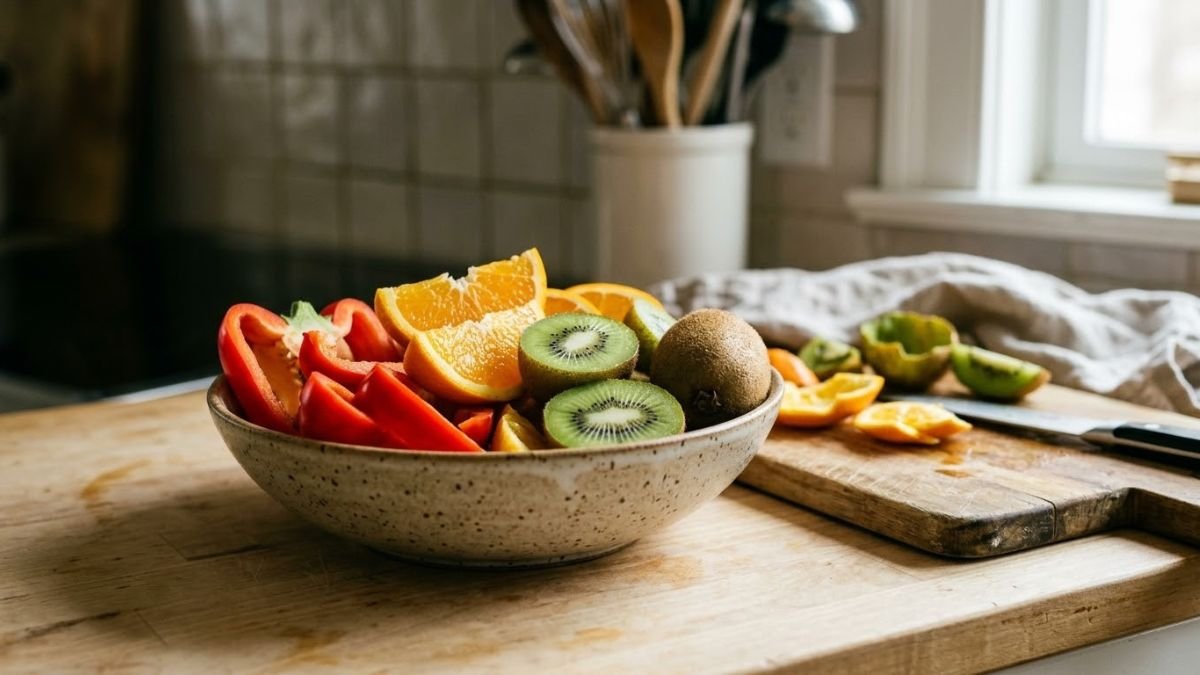 Bowl of orange slices, red peppers and kiwi on a kitchen counter