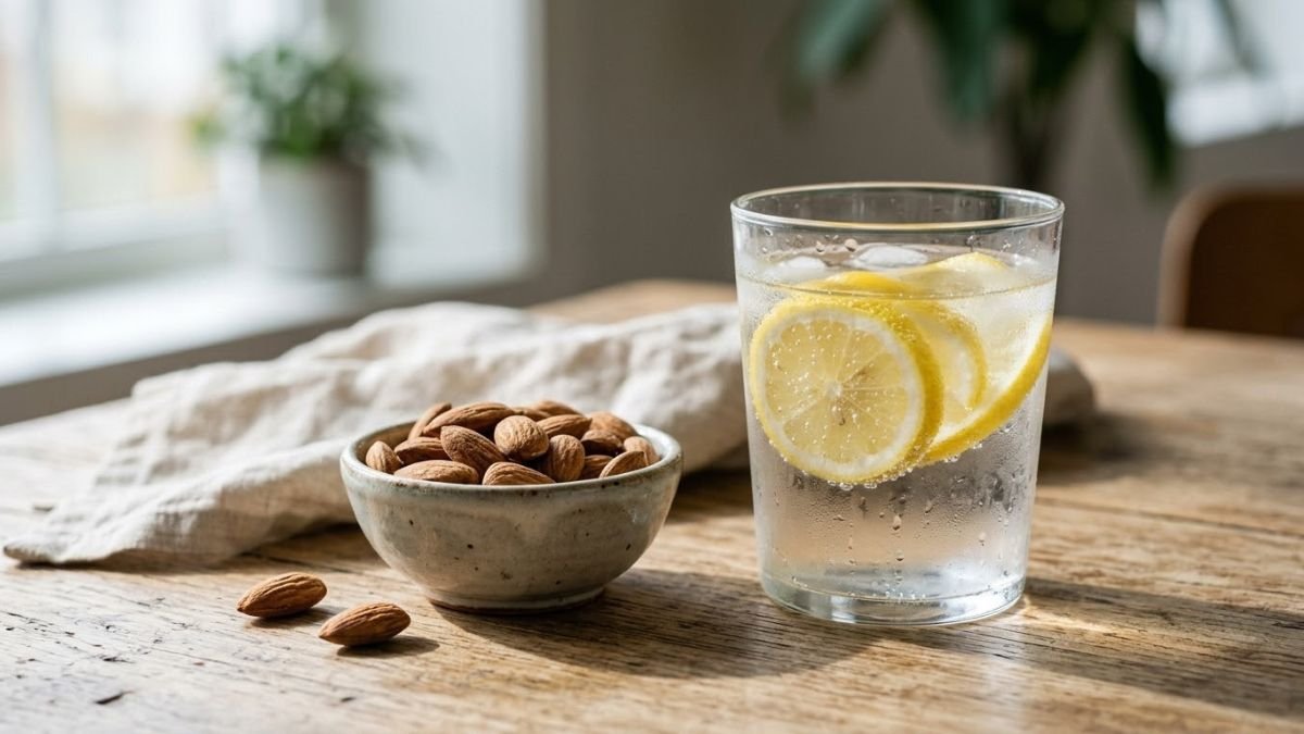 Glass of lemon water beside a small bowl of almonds