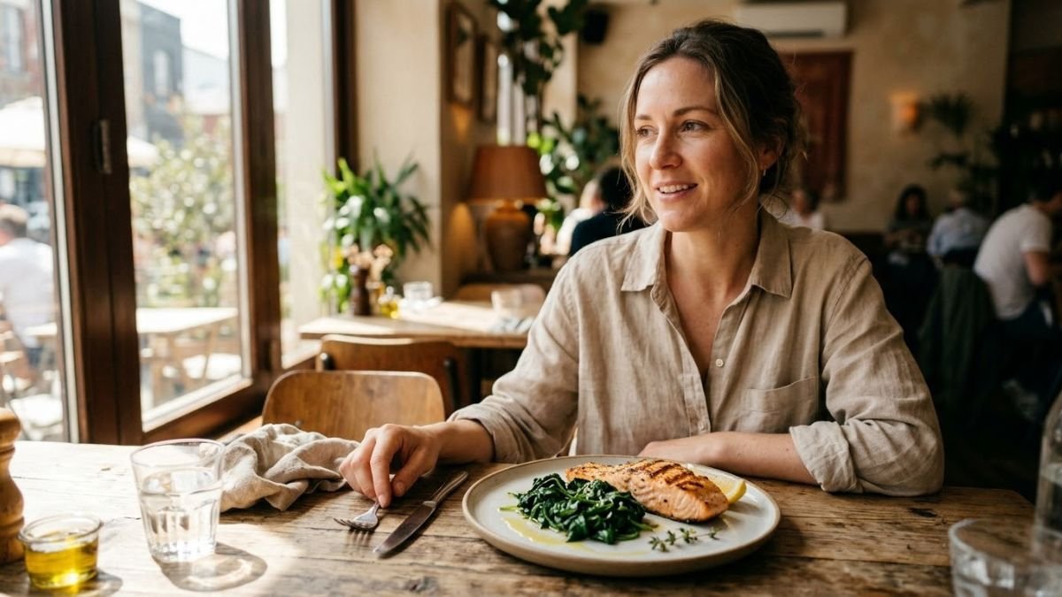 Woman at a table with a plate of salmon and leafy greens