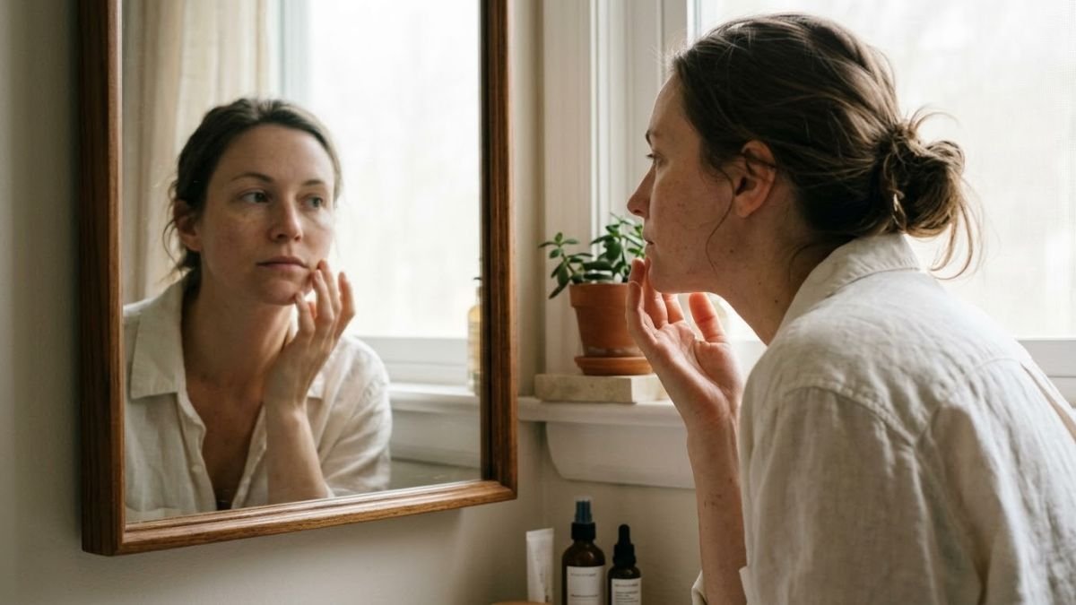 Woman checking her skin in natural window light, foods for healthy skin