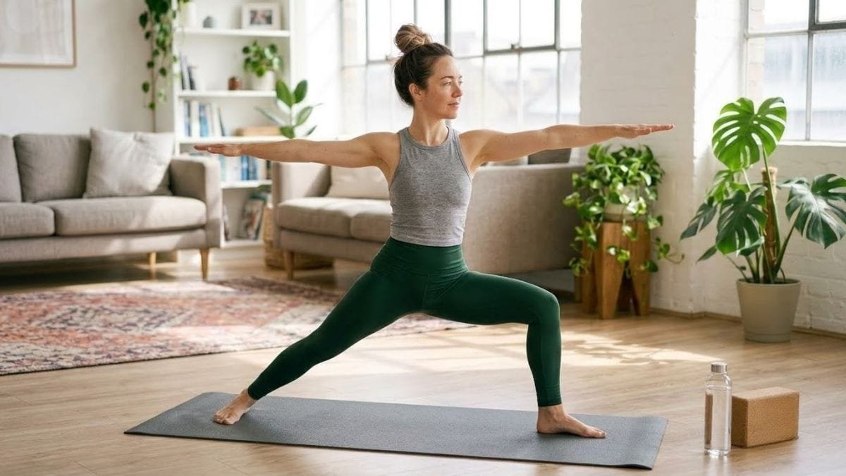 Woman holding warrior two pose in a bright room