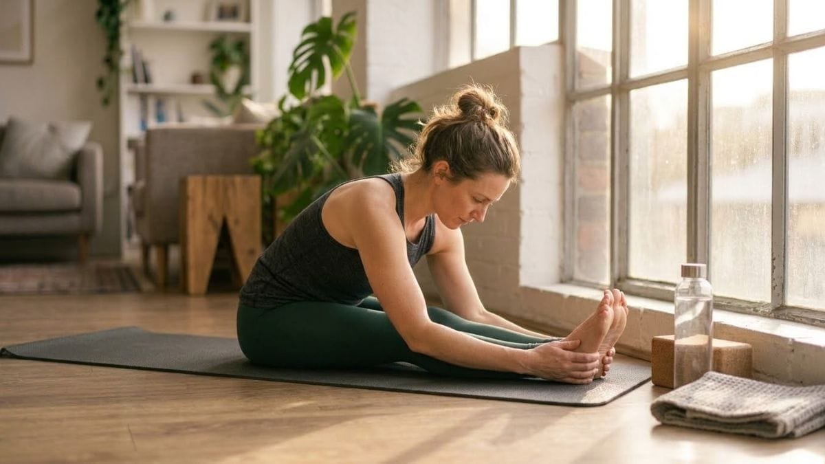 Woman in a seated forward fold on a yoga mat