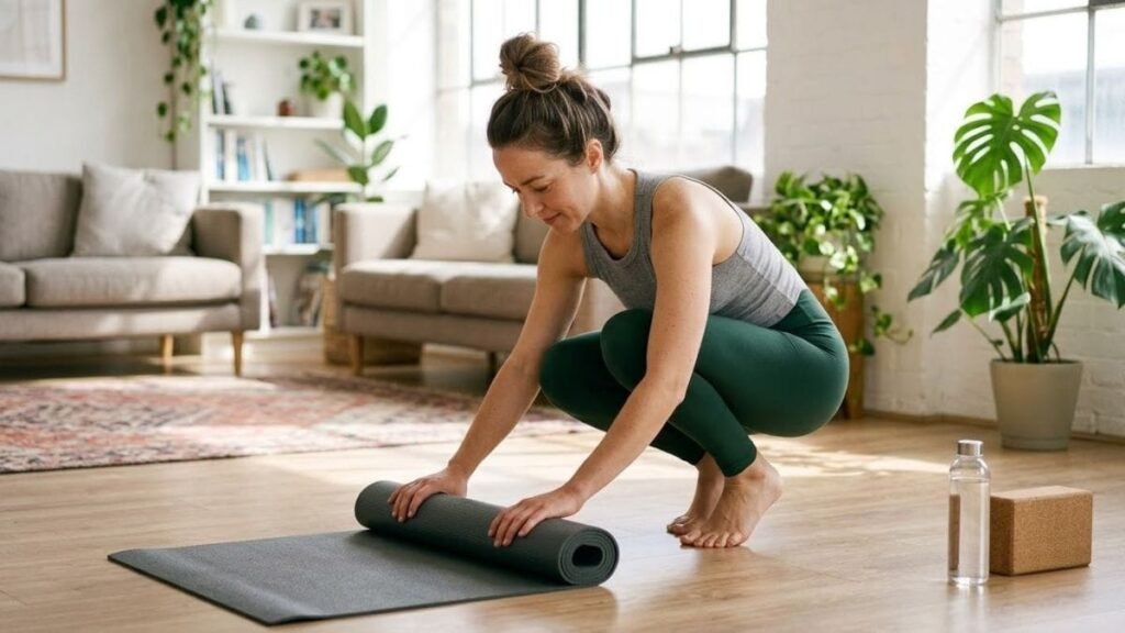 Woman rolling out a yoga mat at home, yoga for weight loss