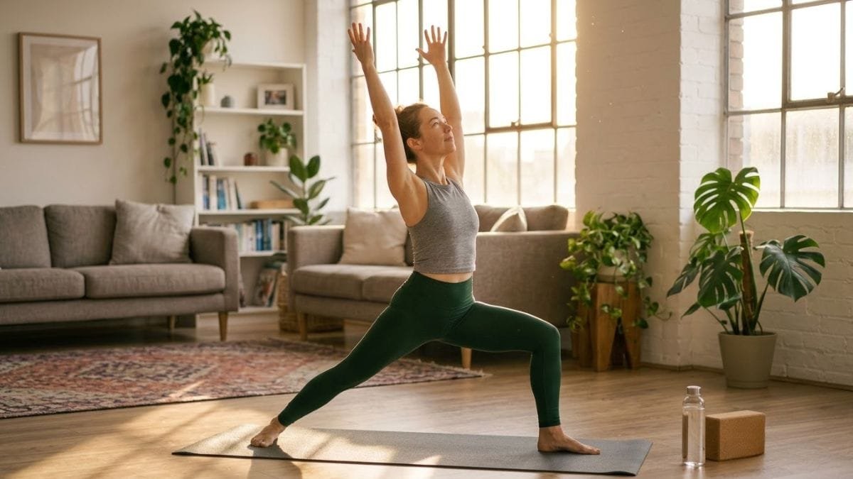 Woman stretching with raised arms in sunrise light, yoga for weight loss
