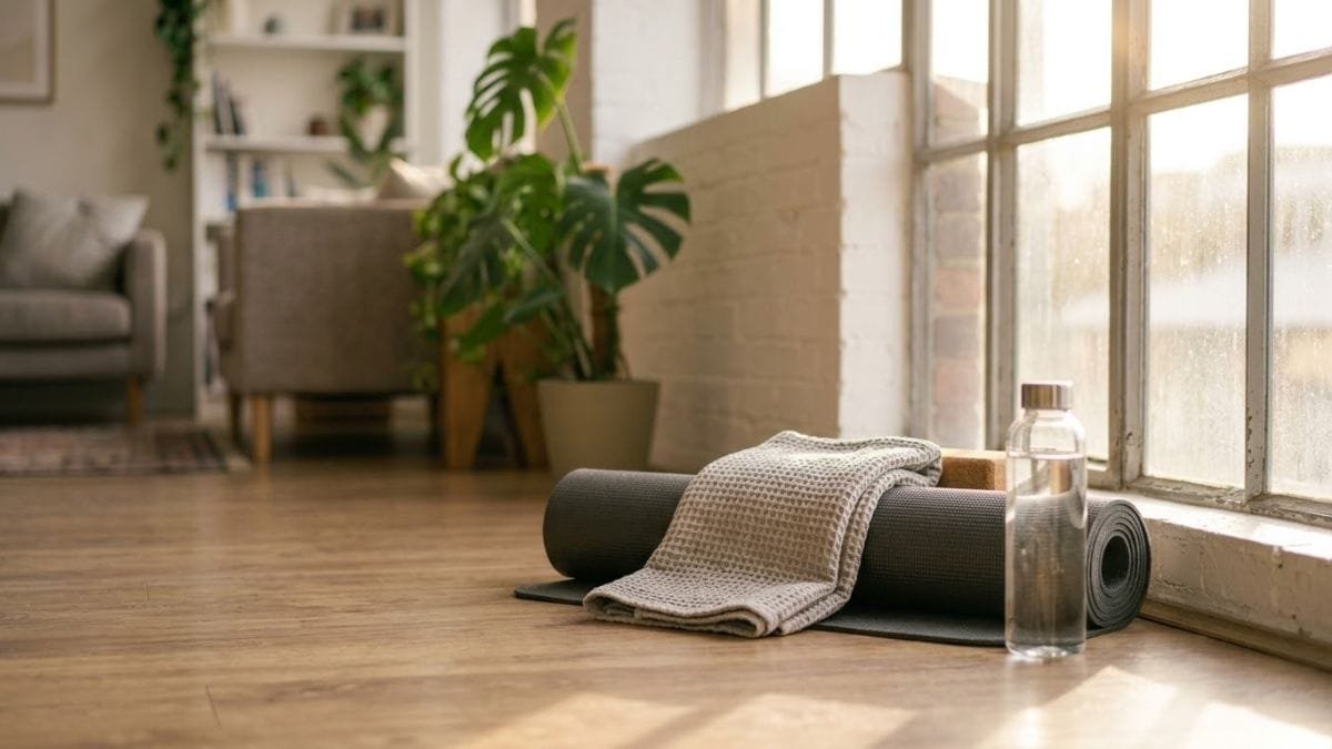 Yoga mat, water bottle and towel beside a bright window