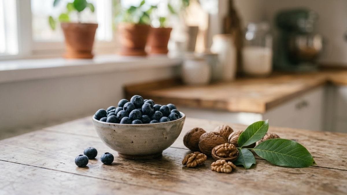 Bowl of fresh blueberries beside walnuts on a wooden table