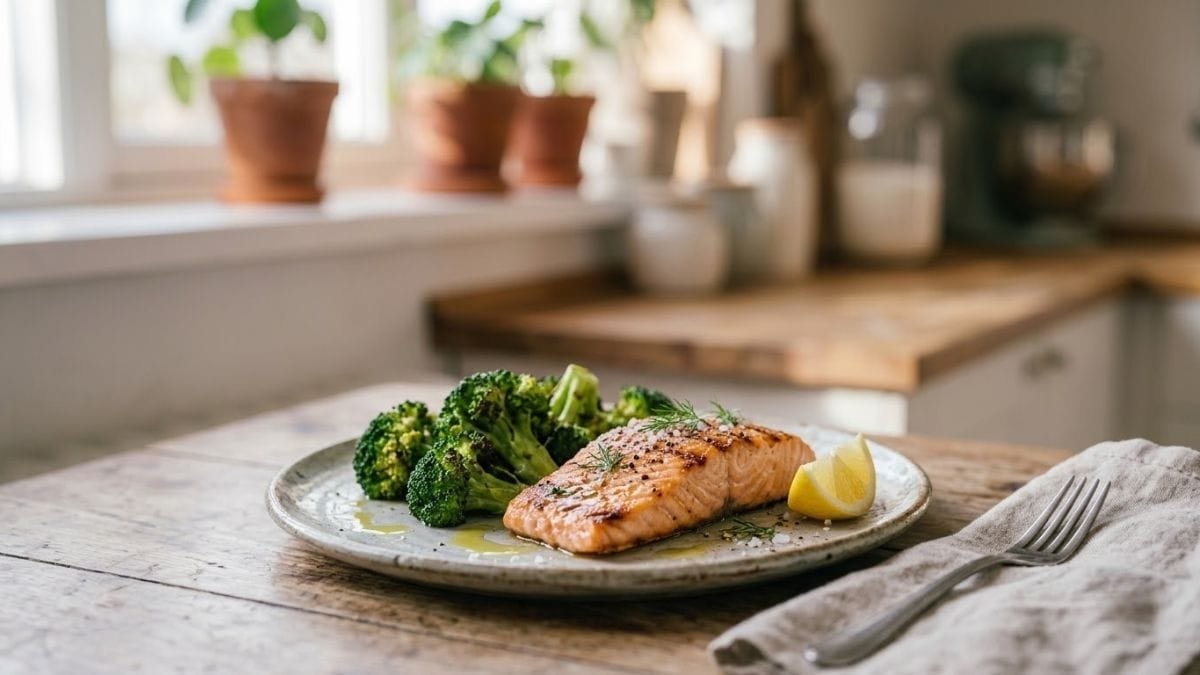 Plate of grilled salmon with broccoli and olive oil