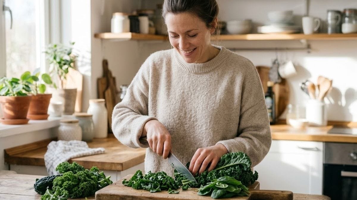 Woman chopping leafy greens for a fresh salad in a bright kitchen