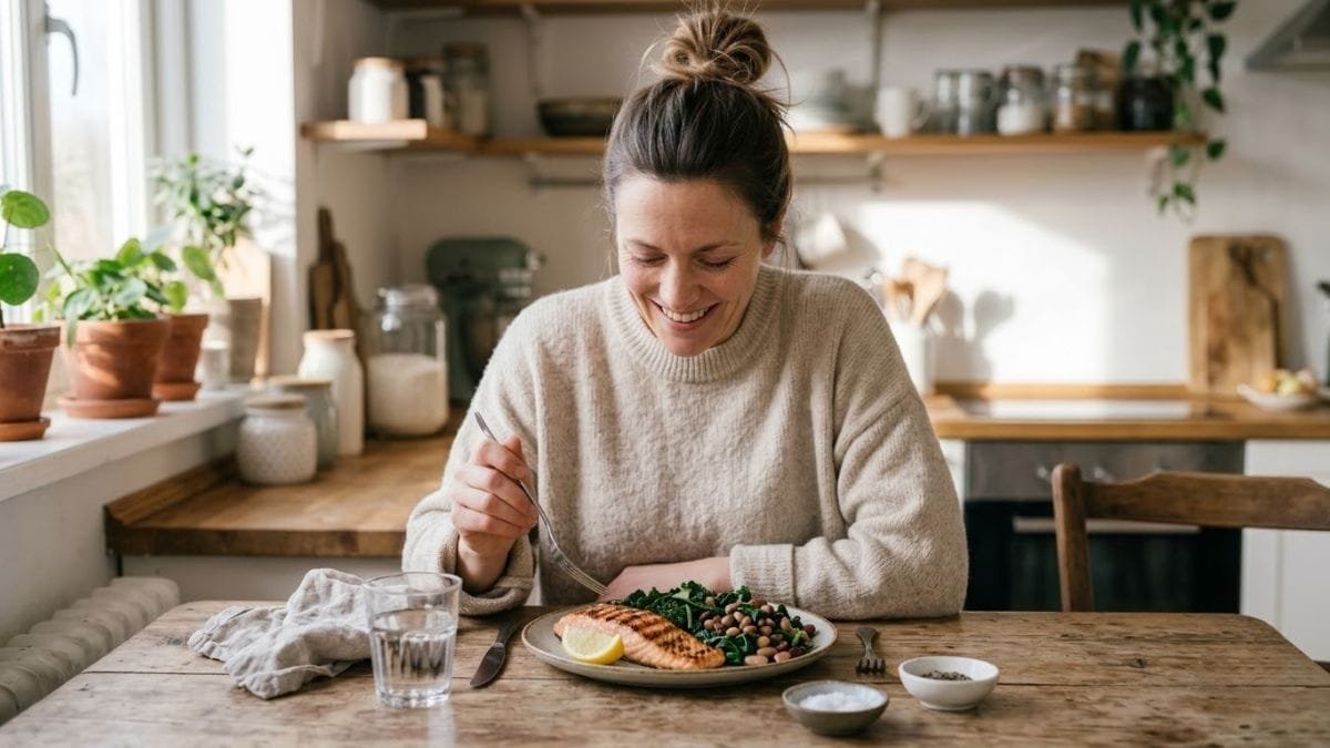 Woman enjoying a lunch plate of salmon, greens and beans, brain healthy foods