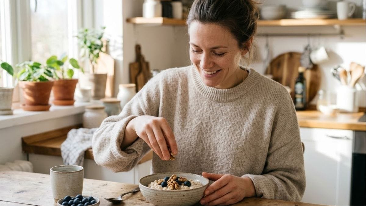 Woman topping oatmeal with blueberries and walnuts, brain healthy foods