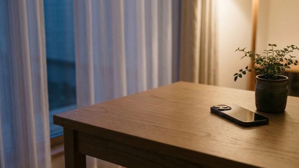 A phone resting on a side table in a quiet room