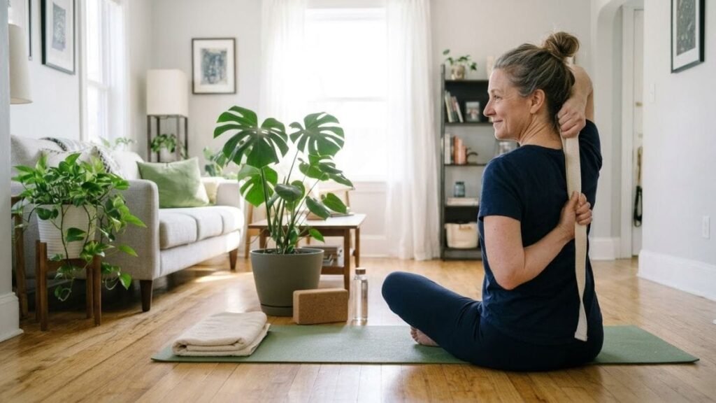 Adult using a yoga strap to modify a pose, yoga for beginners at home
