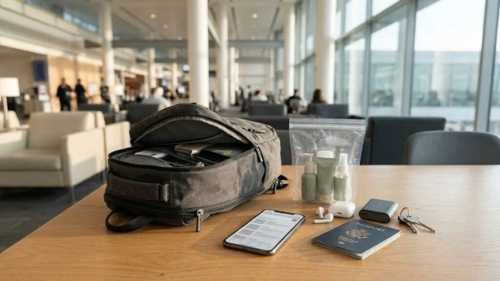 Airport carry on rules checked on a phone before packing